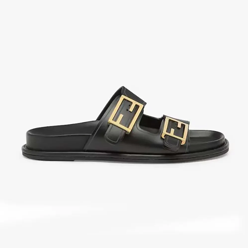 Fendi Feel Black Leather Slides for Unisex
