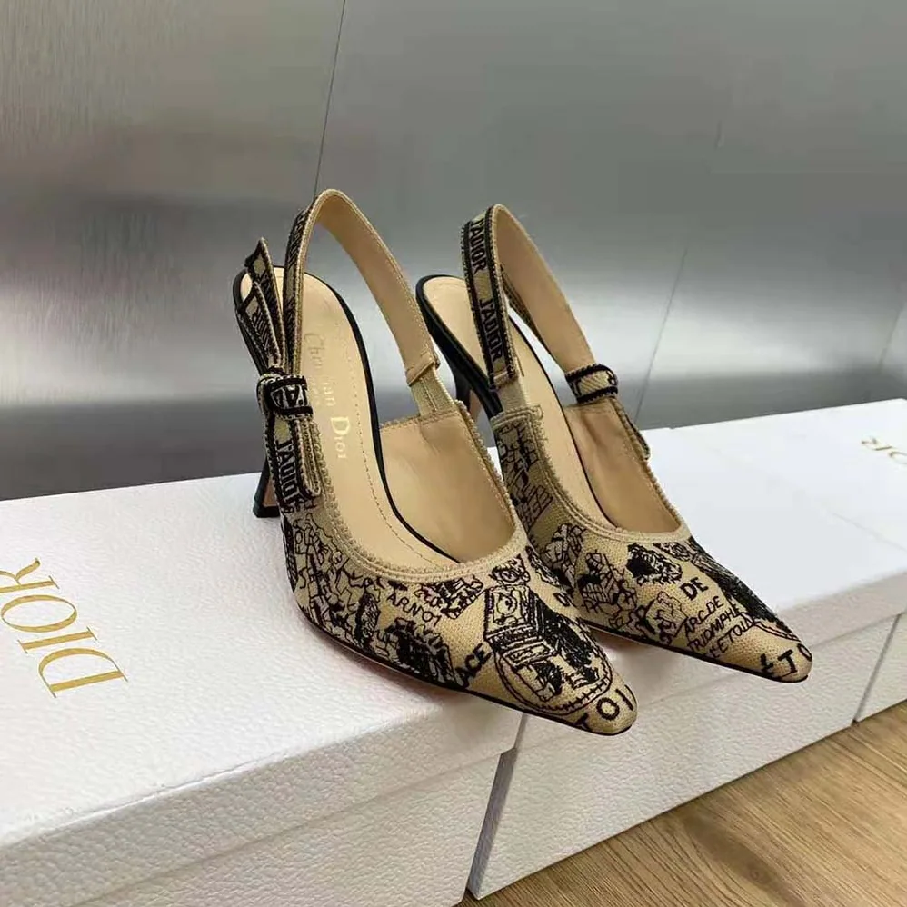 Dior J'Adior Slingback Pump Black and Beige Cotton Embroidered with Plan de Paris Motif for Women Dior J'Adior Slingback Pump Black and Beige Cotton Embroidered with Plan de Paris Motif for Women