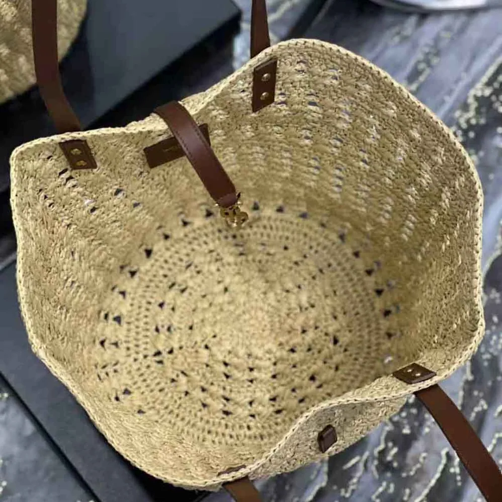 Saint Laurent YSL Panier Medium Bag in Crochet Raffia and Smooth Leather for Women