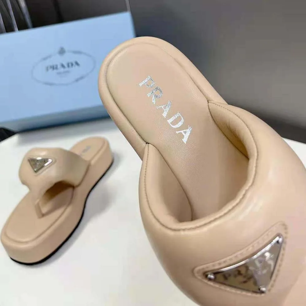 Prada Soft Padded Nappa Leather Thong Wedge Sandals for Women