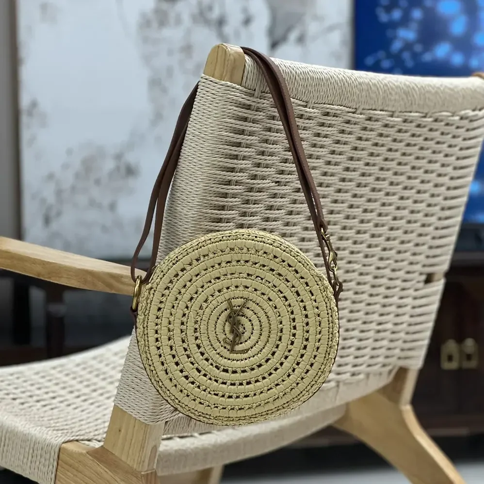 Saint Laurent YSL Round Bag in Raffia and Vegetable for Women in Tanned Leather Saint Laurent YSL Round Bag in Raffia and Vegetable for Women in Tanned Leather