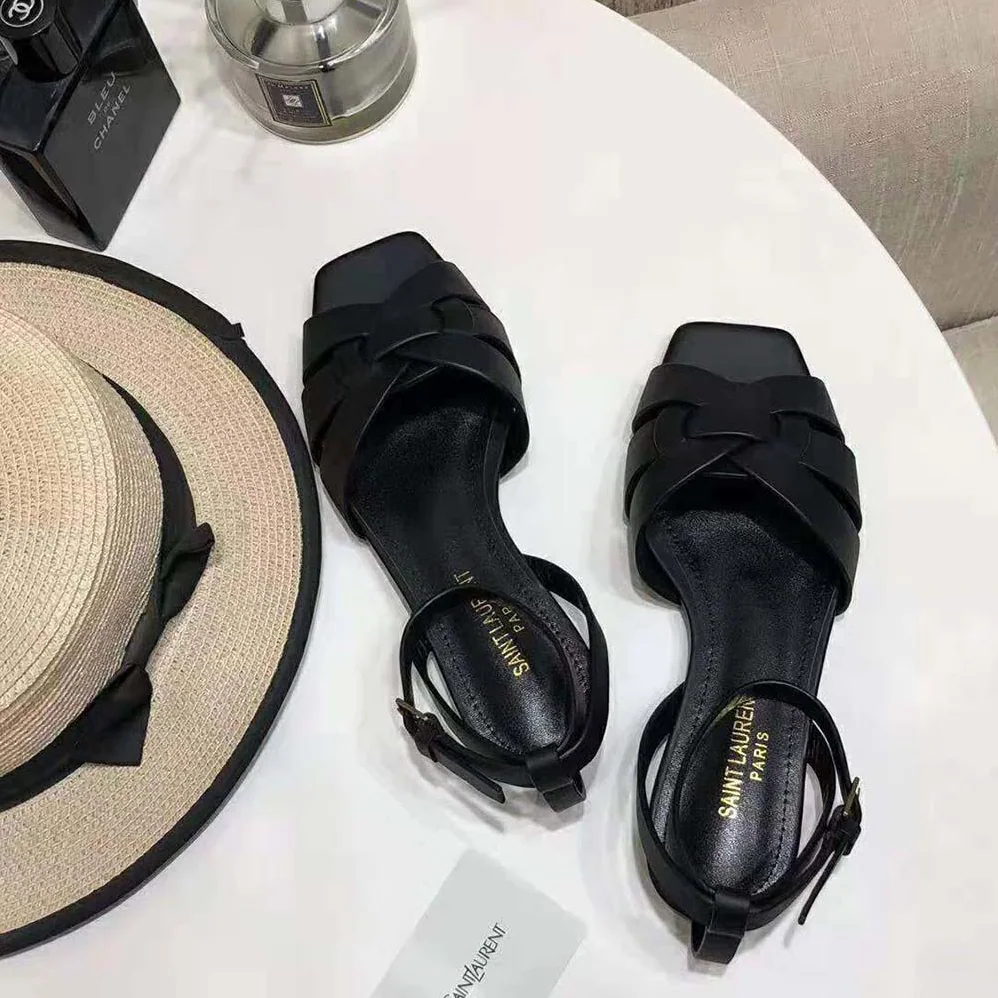 Saint Laurent YSL Tribute Flat Sandals in Smooth Leather for Women Saint Laurent YSL Tribute Flat Sandals in Smooth Leather for Women