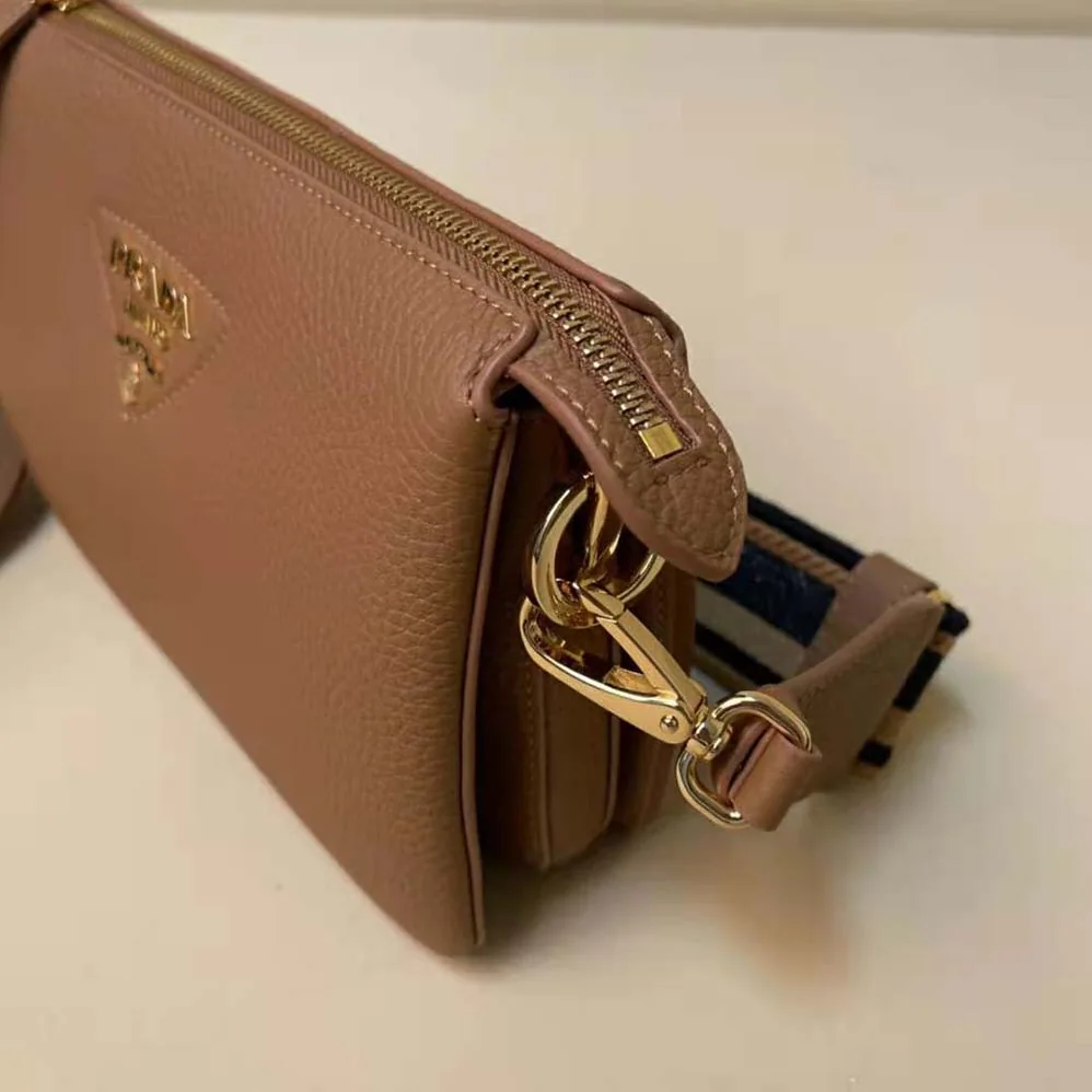 Prada Leather Shoulder Bag with Metal Lettering Logo for Women in Brown