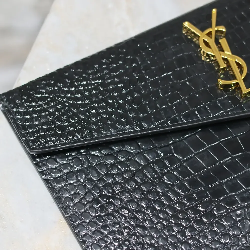 Saint Laurent YSL Uptown Pouch in Crocodile-embossed Shiny Leather for Women in Black