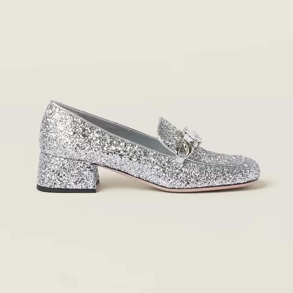 Miu Miu Glitter Fabric Loafers with Fabric Logo Label for Women Miu Miu Glitter Fabric Loafers with Fabric Logo Label for Women