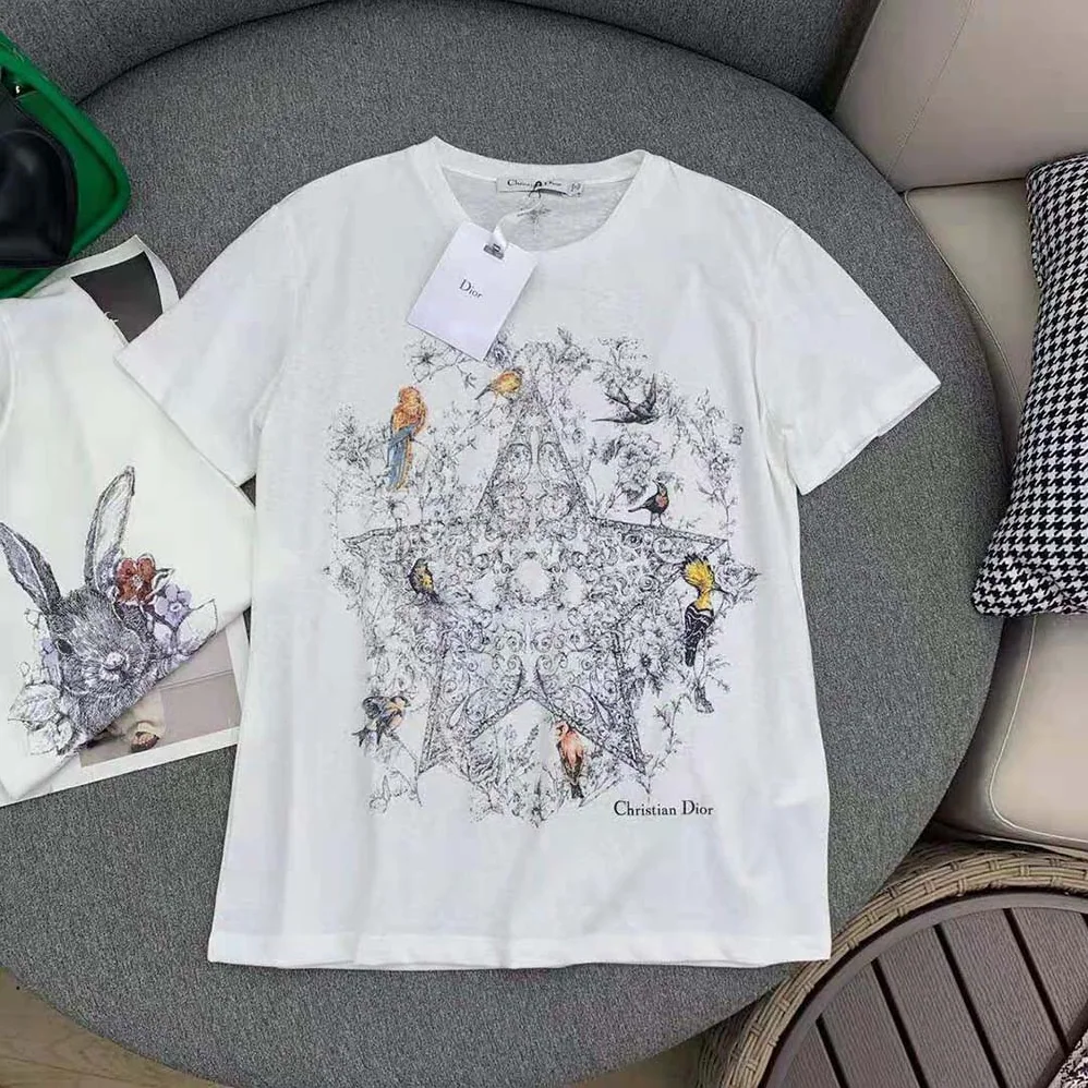 Dior T-shirt Ecru Cotton Jersey and Linen with Dior Sevilla Star Motif for Women Dior T-shirt Ecru Cotton Jersey and Linen with Dior Sevilla Star Motif for Women
