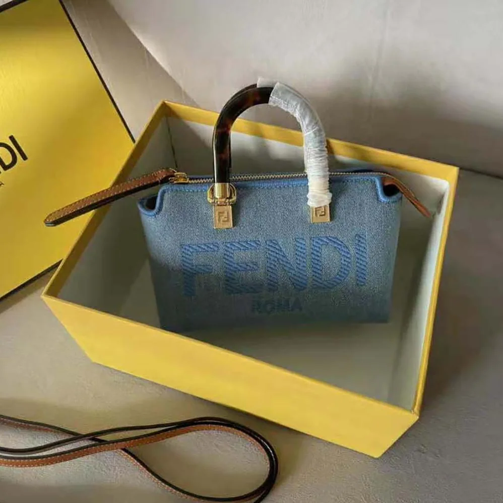 Fendi By The Way Mini Light Blue Denim Small Boston Bag for Women