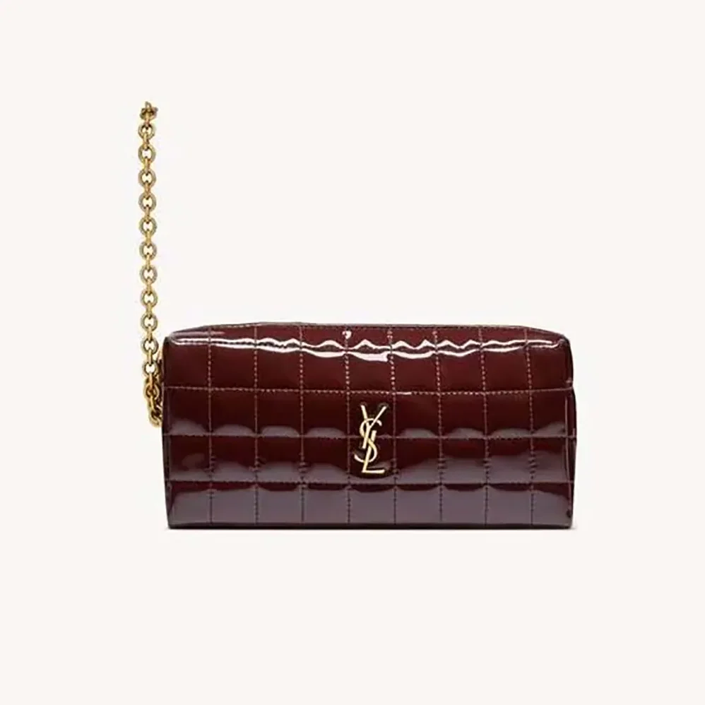 Saint Laurent YSL Cassandre Matelassé Carré Pouch On Chain In Shiny Canvas for Women in Msroon Saint Laurent YSL Cassandre Matelassé Carré Pouch On Chain In Shiny Canvas for Women in Msroon