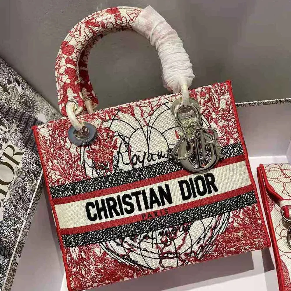 Dior Medium Lady D-lite Bag Red and White D for Women in Royaume D Amour Embroidery