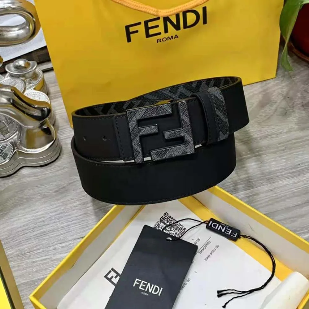 Fendi Gray Leather Belt with FF Buckle with Stud Closure for Men