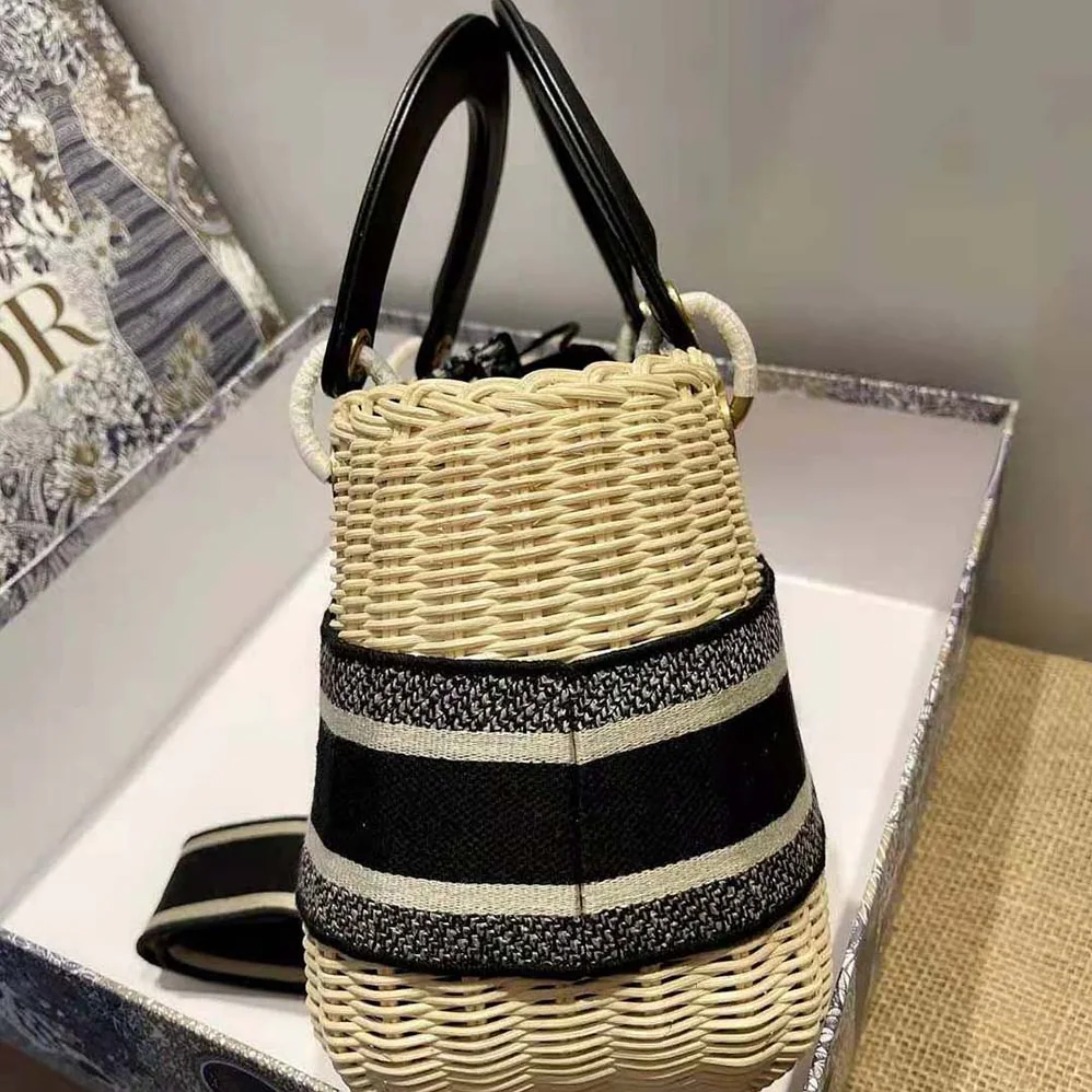 Dior Medium Lady Dior Bag Natural Wicker and Navy Dior Oblique Jacquard for Women Dior Medium Lady Dior Bag Natural Wicker and Navy Dior Oblique Jacquard for Women