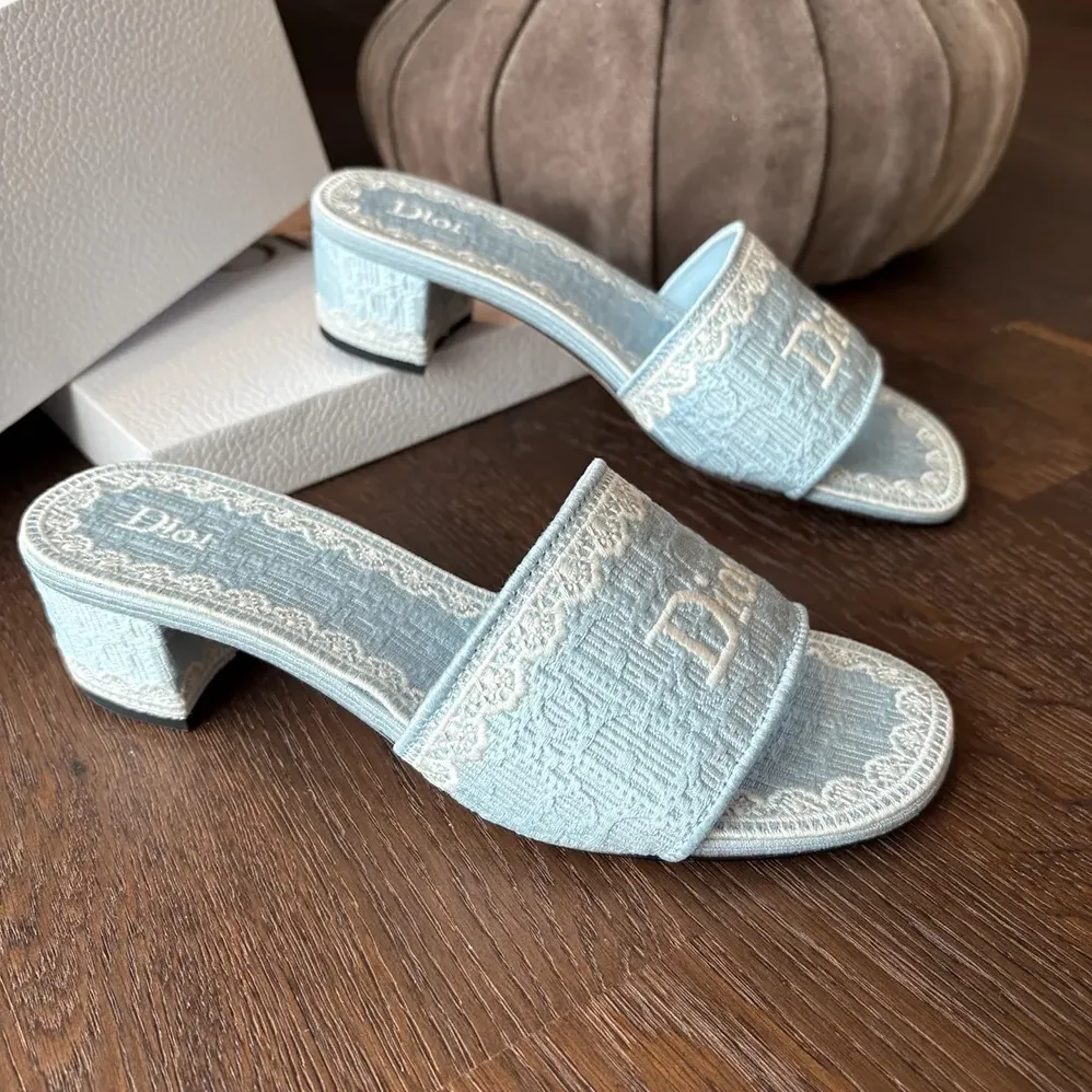Dior Dentelle Heeled Slide Sky Blue Dior Oblique Embroidered Cotton and White Lace for Women Dior Dentelle Heeled Slide Sky Blue Dior Oblique Embroidered Cotton and White Lace for Women