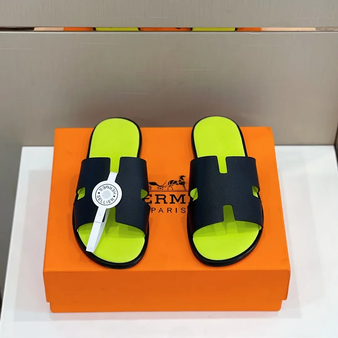 Hermes Izmir Sandals Black in Fluorescent Yellow