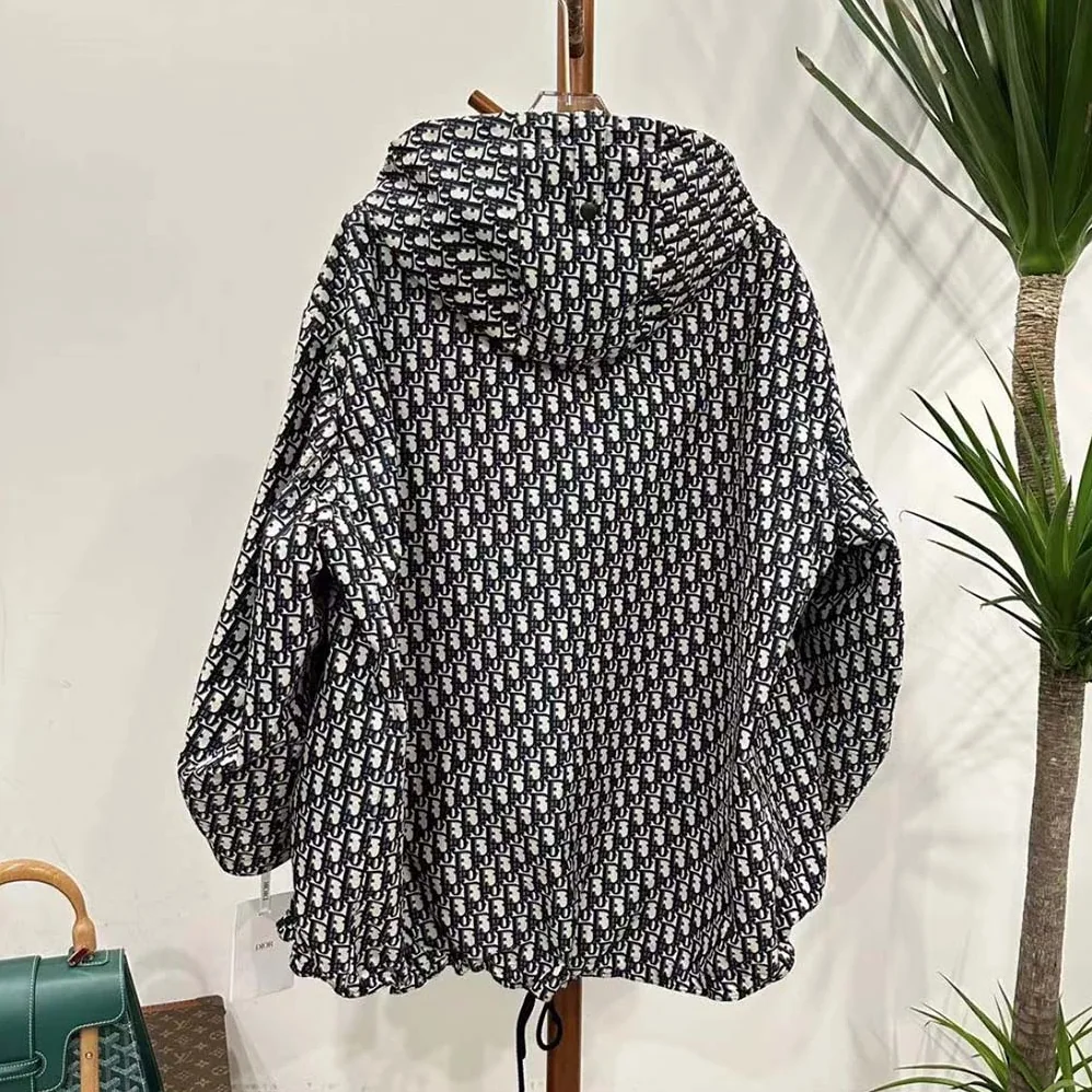 Dior Hooded Anorak Blue and Ecru Technical Taffeta Jacquard with Dior Oblique Motif for Women