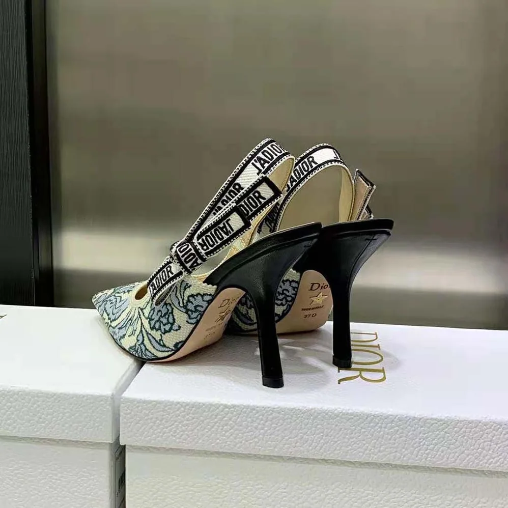 Dior J'Adior Slingback Pump Duck Blue Dior Brocart Embroidered Cotton with Gold for Women in Tone Metallic Thread