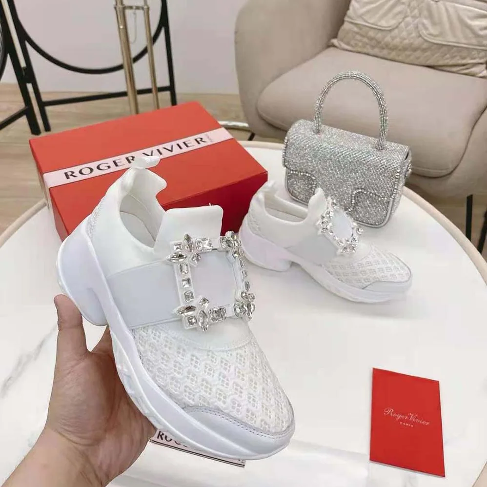 Roger Vivier Viv' Run Strass Buckle Sneakers in Technical Fabrics for Women in White
