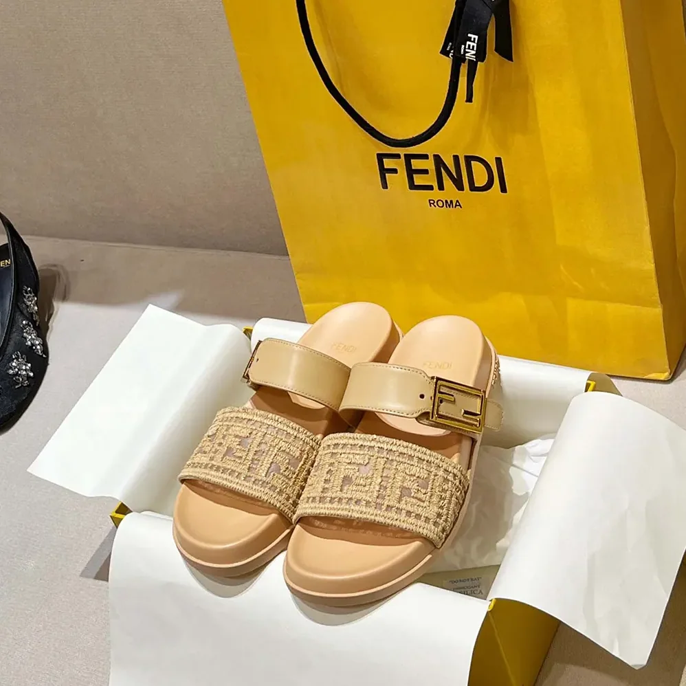 Fendi Feel Mesh Slides with Raffia FF Embroidery for Women