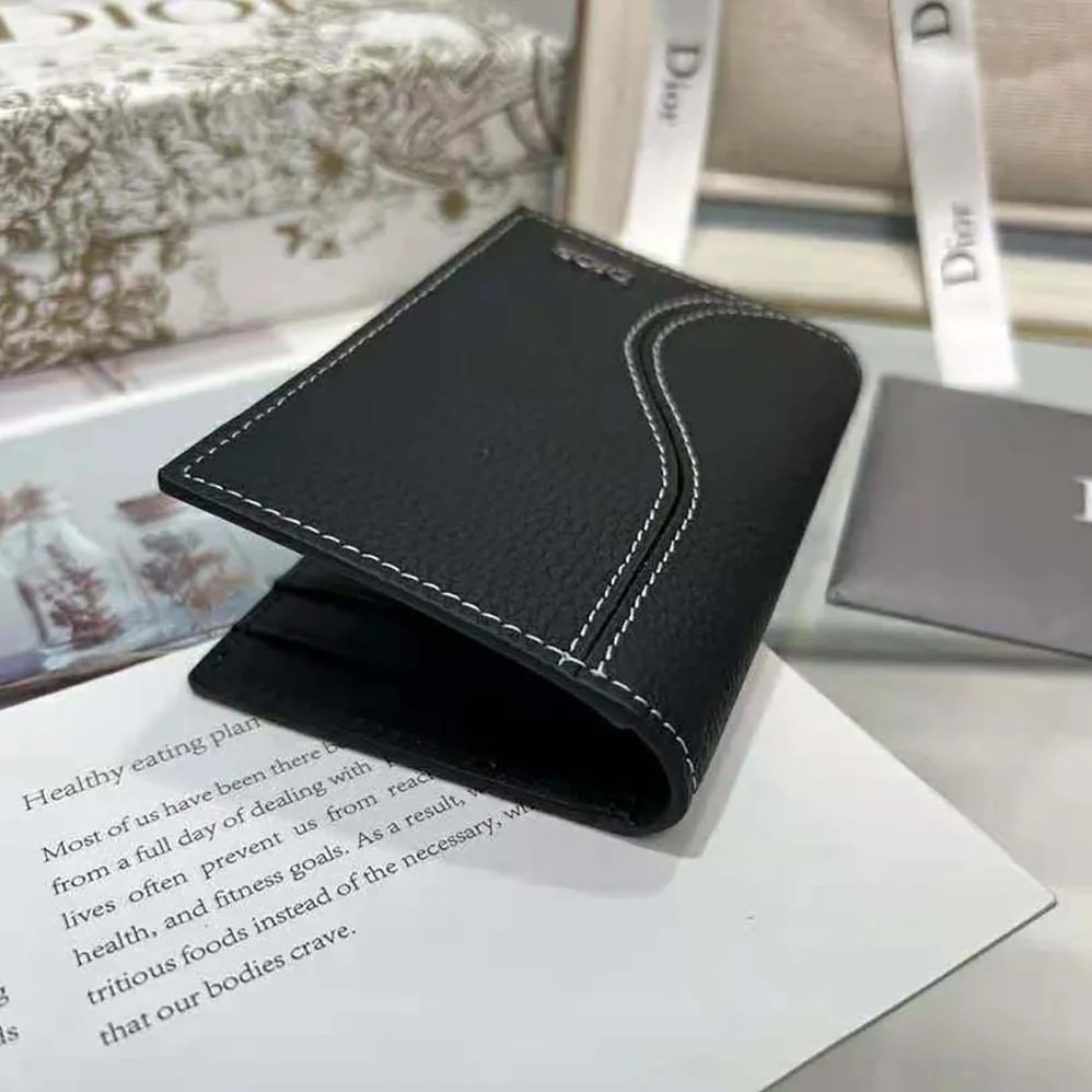 Dior Saddle Bi-fold Card Holder Black Grained Calfskin Leather Marquetry for Men Dior Saddle Bi-fold Card Holder Black Grained Calfskin Leather Marquetry for Men