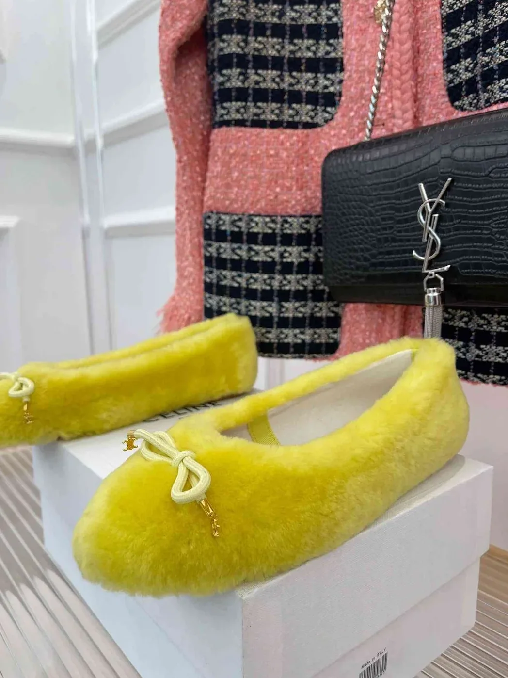 Celine Les Ballerines Celine Ballerina With Triomphe Laces And Fur Yellow