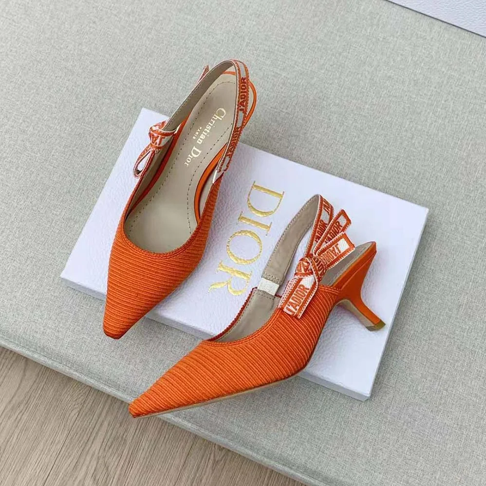 Dior J Adior Slingback Pump Bright Orange Cotton Embroidery for Women