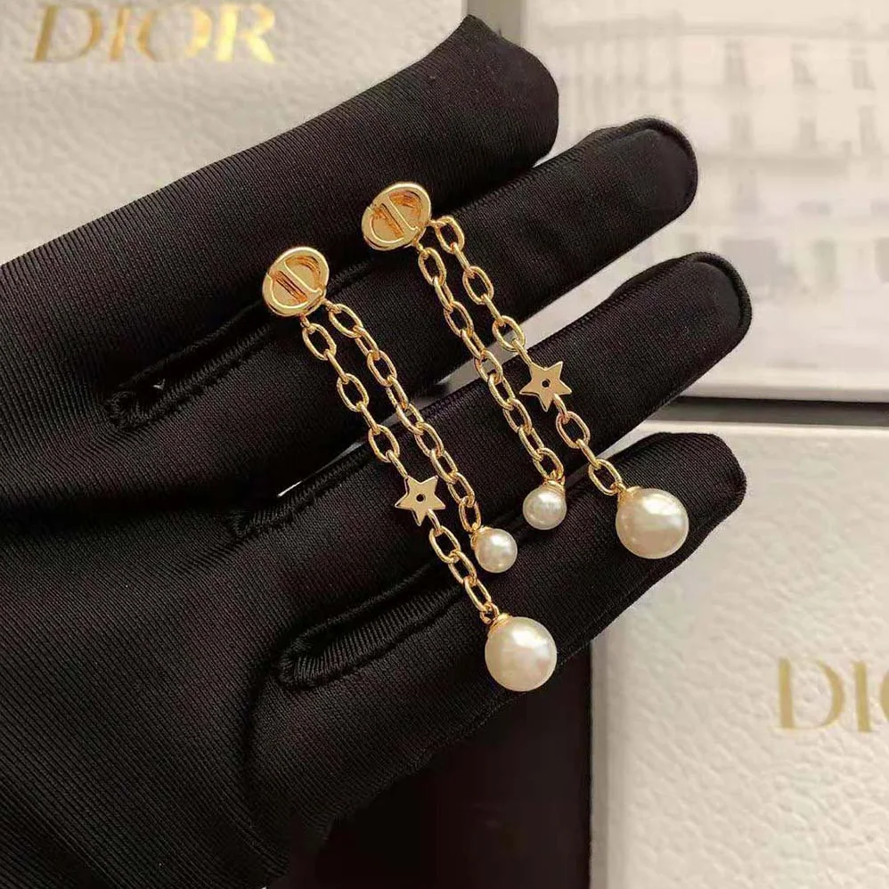 Dior CD Navy Earrings Gold-Finish Metal and White Resin Pearls for Women