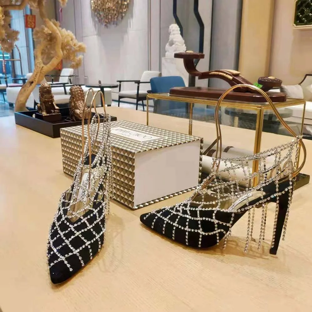 Jimmy Choo Scotty 110 Black Suede Mules with Crystal Chains for Women