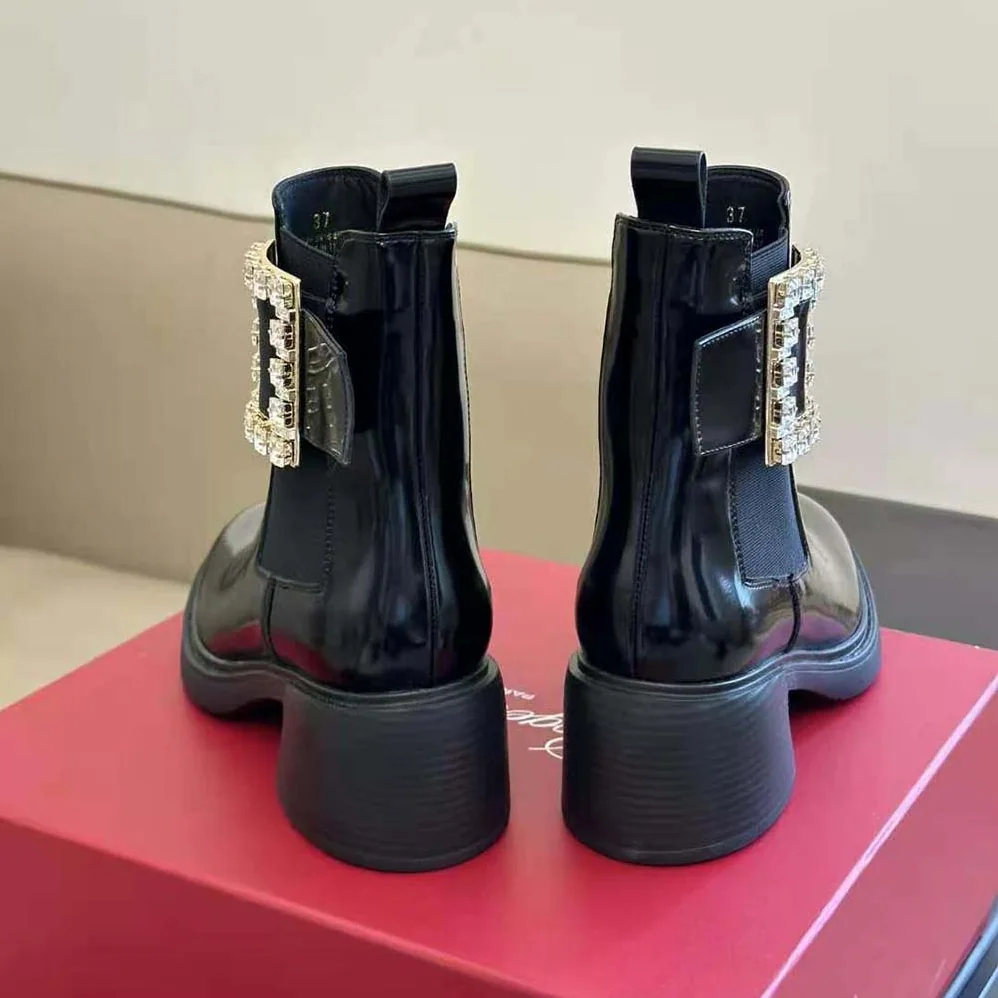 Roger Vivier Viv' Rangers Strass Buckle Chelsea Ankle Boots in Patent Leather for Women Roger Vivier Viv' Rangers Strass Buckle Chelsea Ankle Boots in Patent Leather for Women