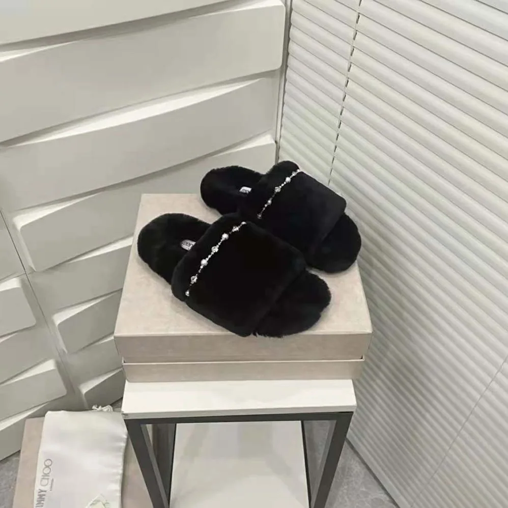 Jimmy Choo Acinda Slipper Black Shearling Slippers with Crystal and Pearl Detailing for Women