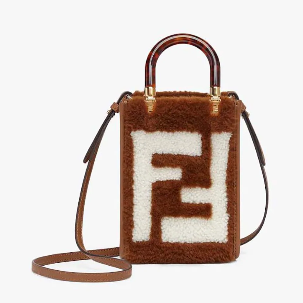 Fendi Mini Sunshine Shopper Brown Sheepskin Mini for Women in Bag with Inlay Fendi Mini Sunshine Shopper Brown Sheepskin Mini for Women in Bag with Inlay