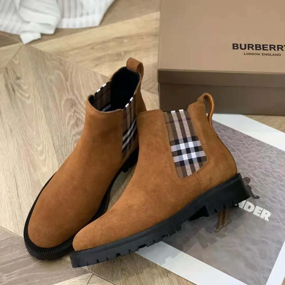 Burberry Vintage Check Detail Suede Chelsea Boots for Women in Brown Burberry Vintage Check Detail Suede Chelsea Boots for Women in Brown
