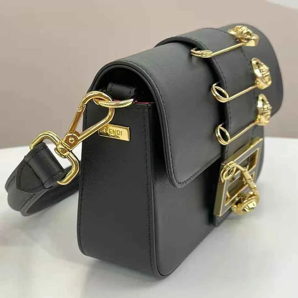Fendi Brooch Mini Baguette Fendace Black Leather Bag for Women Fendi Brooch Mini Baguette Fendace Black Leather Bag for Women
