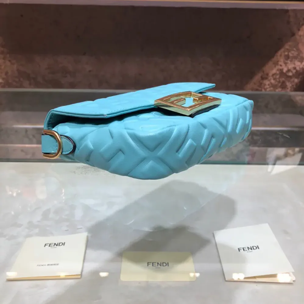 Fendi Baguette Mini Blue Nappa Leather Bag with FF Motif for Women