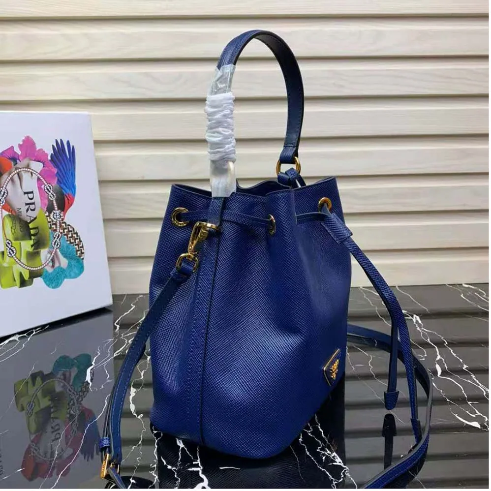 Prada Saffiano Leather Bucket Bag for Women in Navy