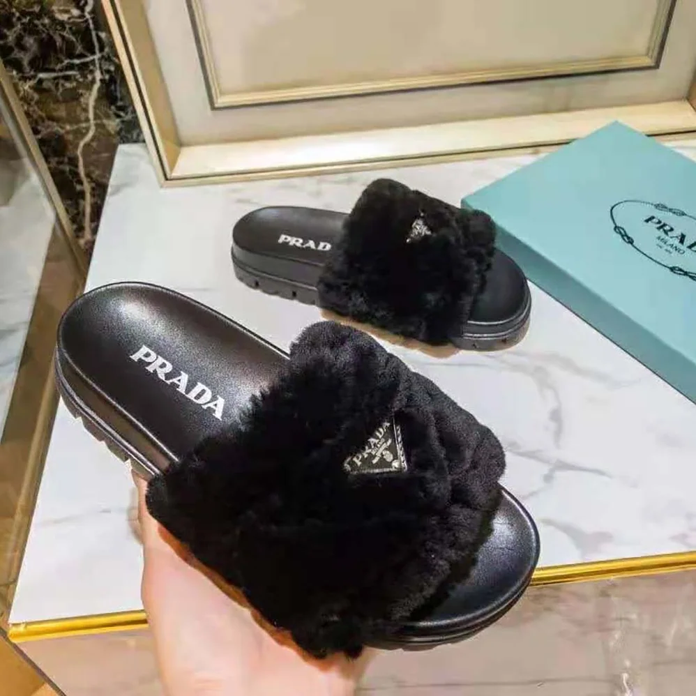 Prada Shearling Slides in 20mm Heel for Women in Black