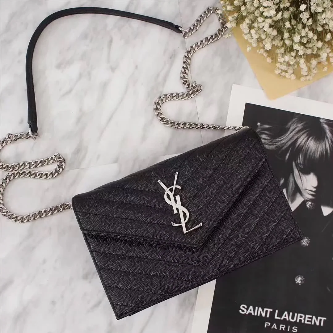 Saint Laurent YSL Medium Monogram Envelope Chain Wallet Silver Hardware in Black Saint Laurent YSL Medium Monogram Envelope Chain Wallet Silver Hardware in Black