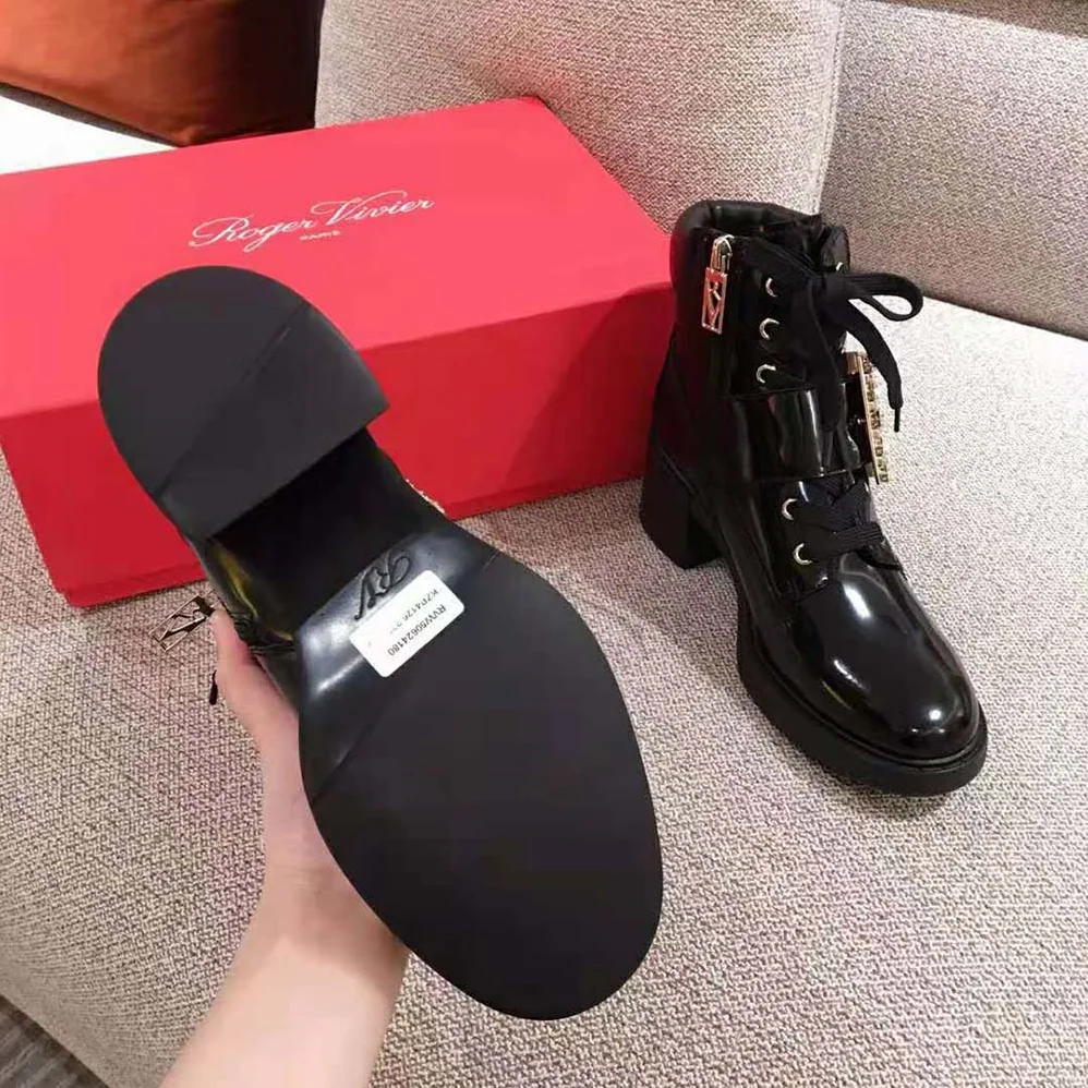 Roger Vivier Viv' Rangers Strass Buckle Ankle Boots in Leather-6cm Heel for Women Roger Vivier Viv' Rangers Strass Buckle Ankle Boots in Leather-6cm Heel for Women