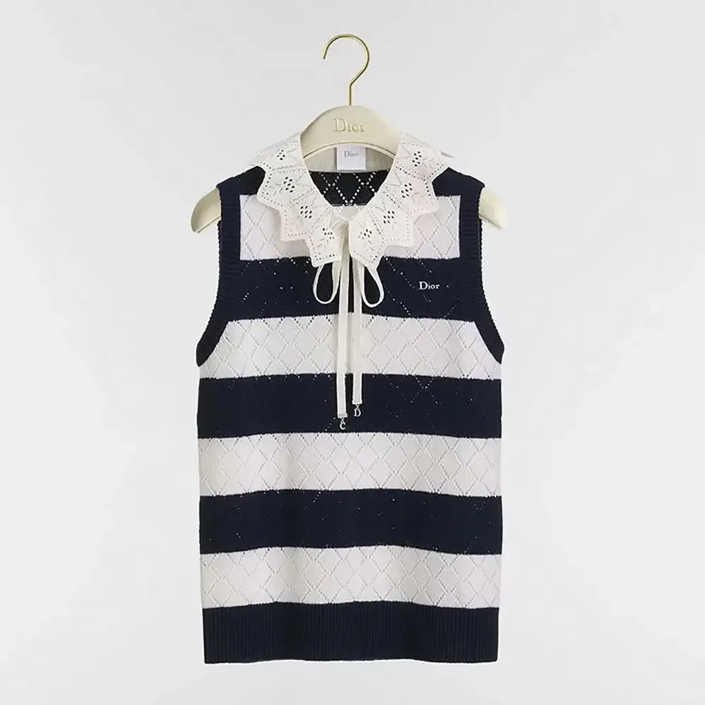 Dior Marinière Sweater Vest White and Navy Blue Openwork Cashmere Knit for Women