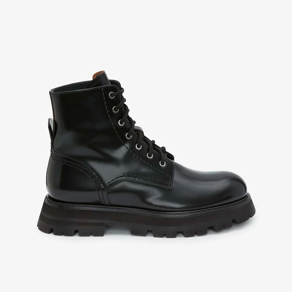 Alexander Mcqueen Wander Black Shiny Spazzolato Calf Leather Lace for Women in up Boot