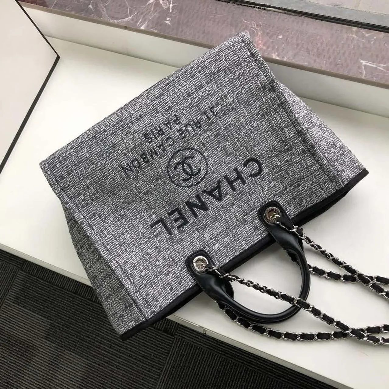 Chanel Deauville Tote Bag / Black/Grey Canvas Silver Hardware Chanel Deauville Tote Bag / Black/Grey Canvas Silver Hardware