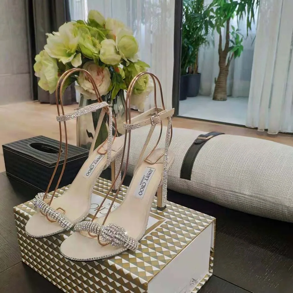 Jimmy Choo Thyra 100 Nude Suede Sandals with Pavé Crystal Cord Detail for Women Jimmy Choo Thyra 100 Nude Suede Sandals with Pavé Crystal Cord Detail for Women