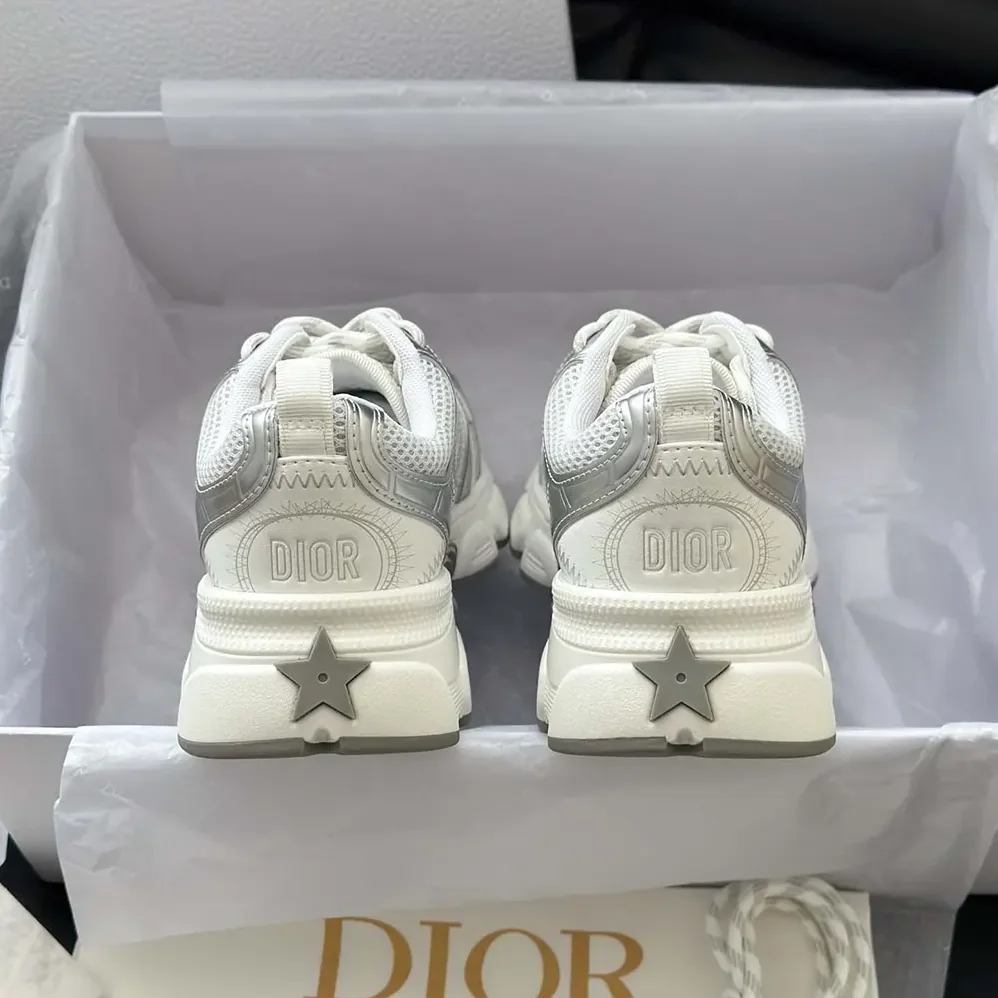Dior Chrono Sneaker White Mesh with Silver-Tone and White Laminated Leather for Unisex in Effect Inserts