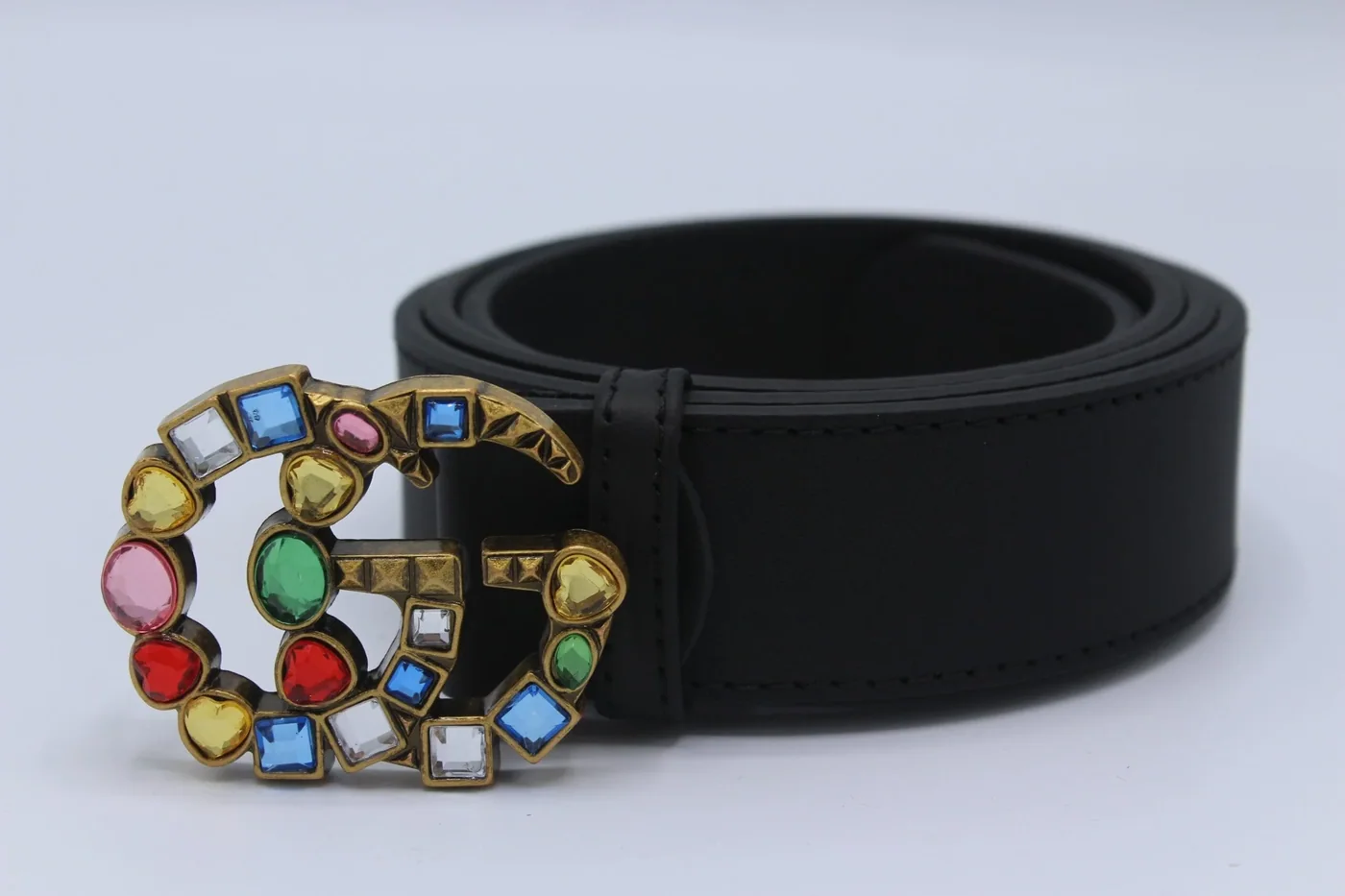 Leather belt with crystal Double G buckle
