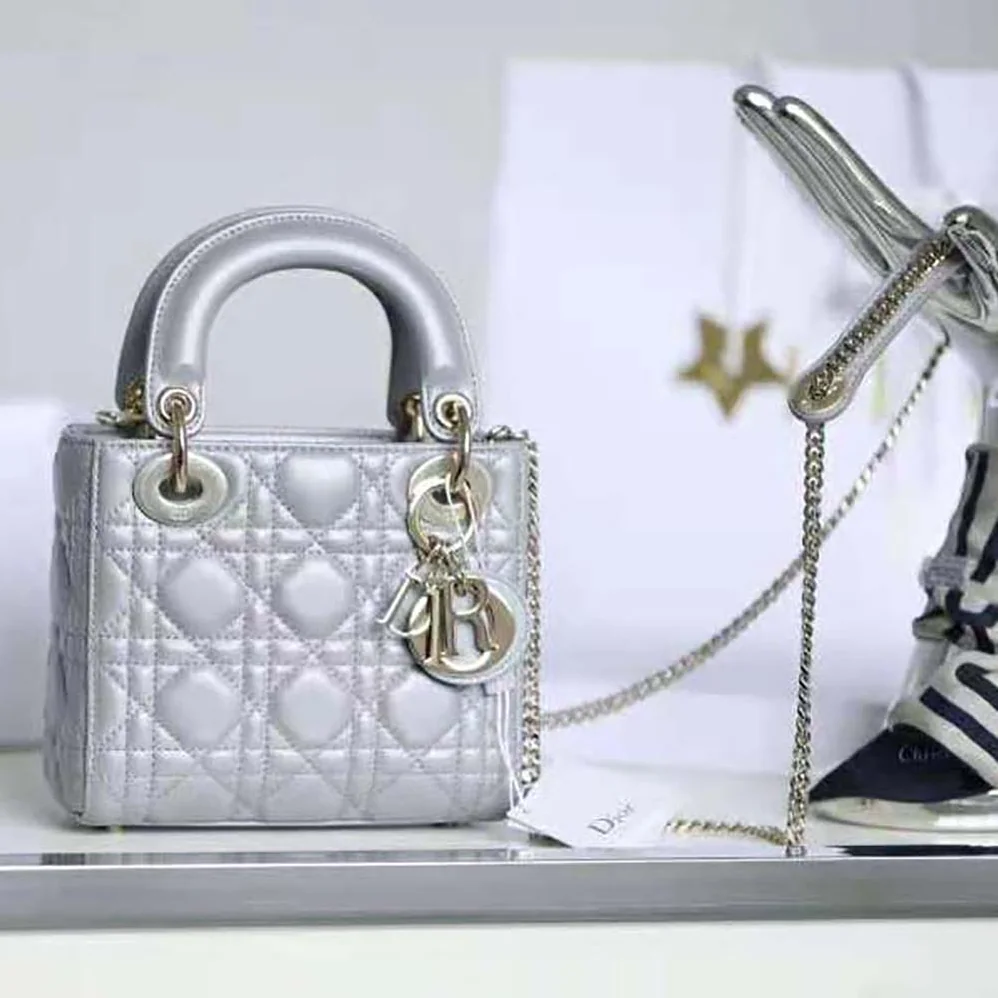 Dior Mini Lady Dior Bag Pearlescent Cannage Lambskin for Women in Silver