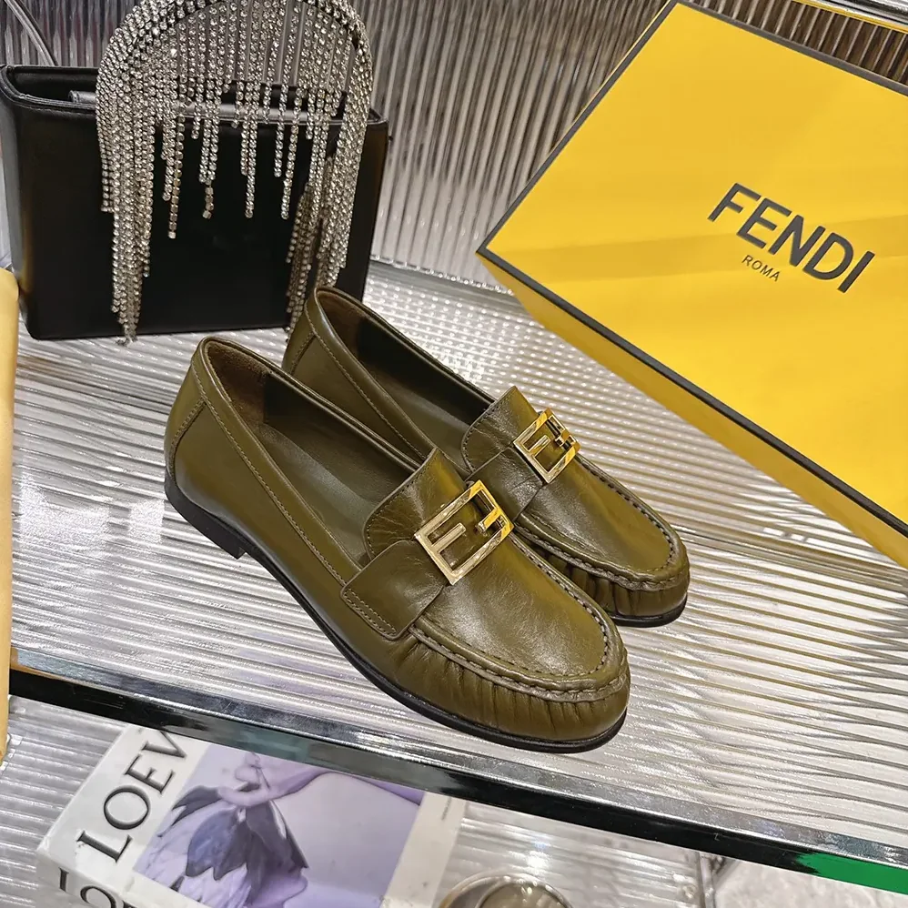 Fendi Baguette Green Nappa Leather Loafers for Women Fendi Baguette Green Nappa Leather Loafers for Women