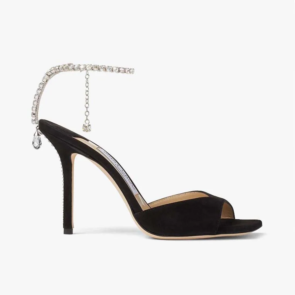 Jimmy Choo Saeda Sandal 100 Black Suede Sandals with Crystal Embellishment for Women Jimmy Choo Saeda Sandal 100 Black Suede Sandals with Crystal Embellishment for Women