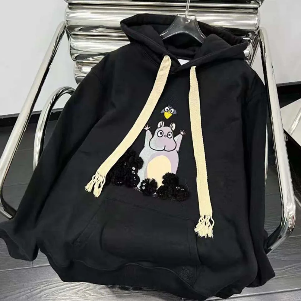 Loewe Bo Mouse Embroidered Hoodie in Cotton for Women in Black
