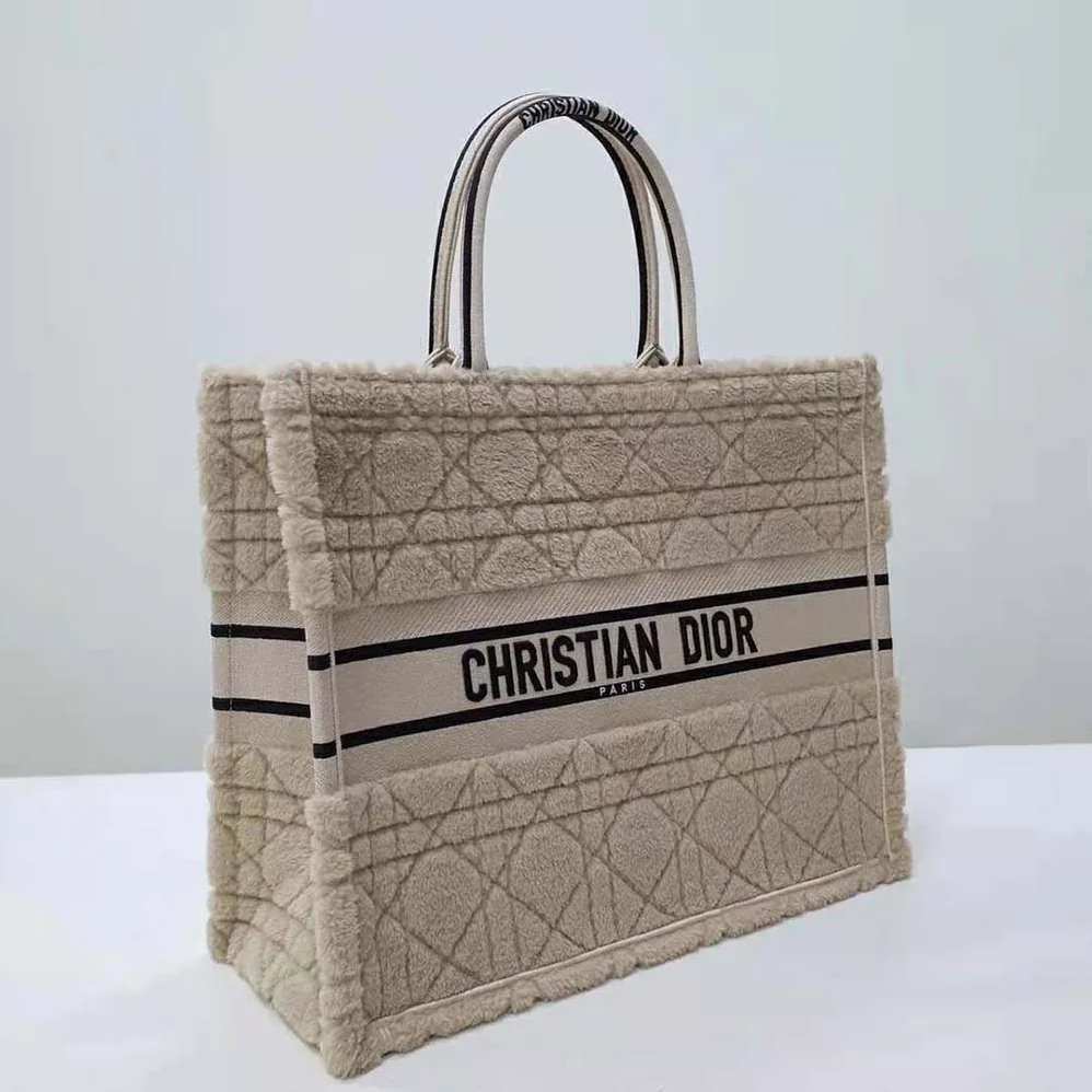 Dior Large Dior Book Tote Beige Cannage Shearling for Women