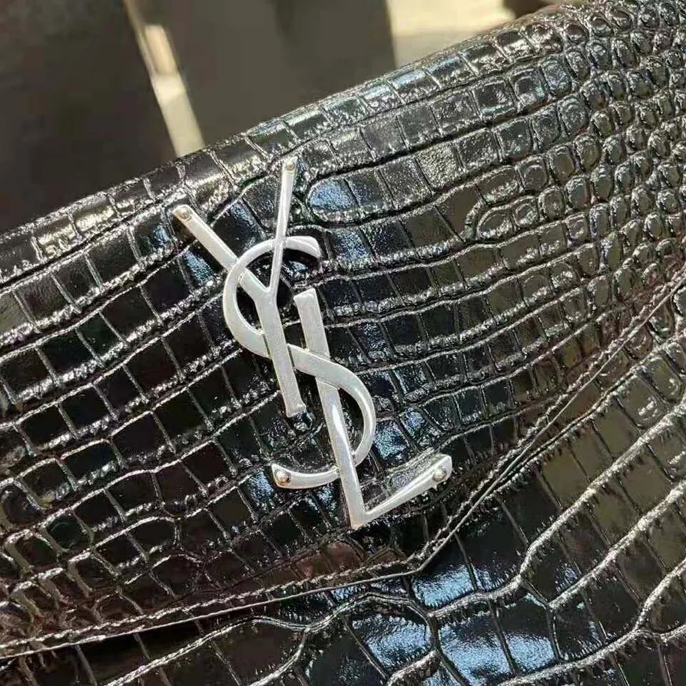 Saint Laurent YSL Uptown Pouch in Crocodile Embossed Shiny Leather for Women in Silver