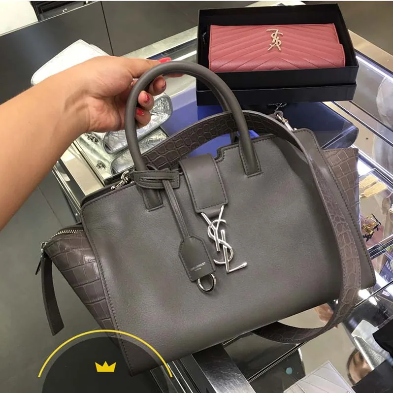 Saint Laurent YSL Small Downtown Cabas Grey Crocodile Embossed for Women