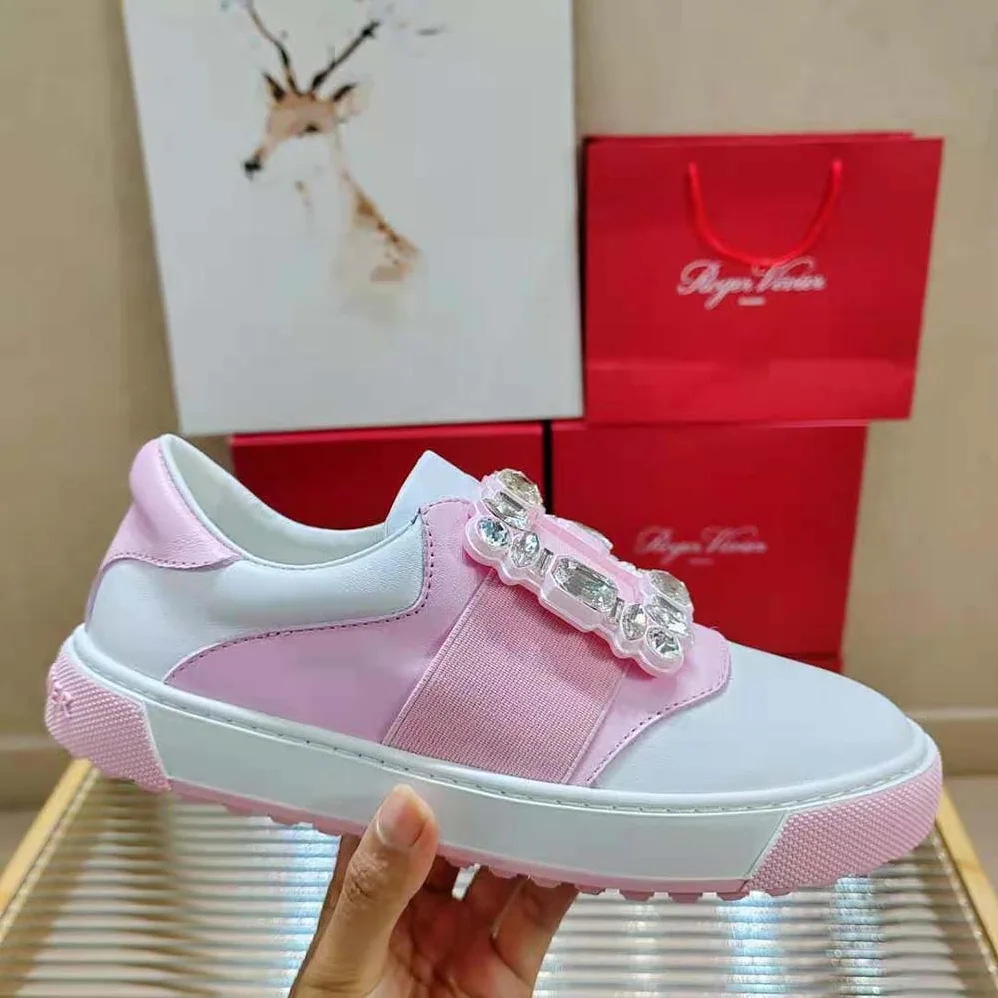 Roger Vivier Very Vivier Strass Buckle Sneakers in Leather for Women in Pink Roger Vivier Very Vivier Strass Buckle Sneakers in Leather for Women in Pink